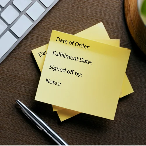 Order 3×3 Custom Yellow Sticky Note 4 3x3 custom yellow sticky note on a desk with custom printed form.