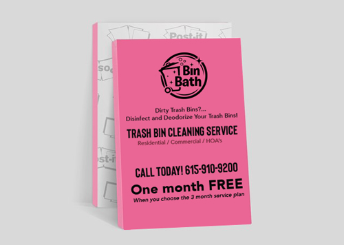 Trash bin cleaning service advertisement on pink post it notes