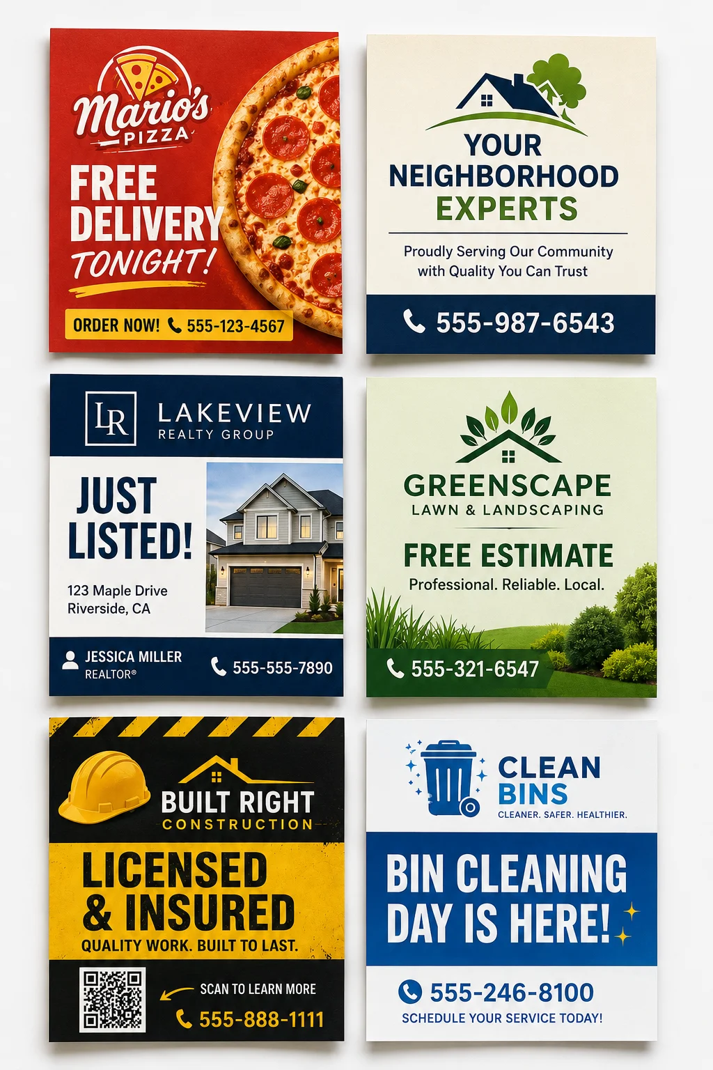 Custom Sticky Note Advertisement Samples by Industry Collage of custom sticky note advertisement samples for pizza delivery, real estate, door-to-door, home services, construction, and trash bin cleaning businesses