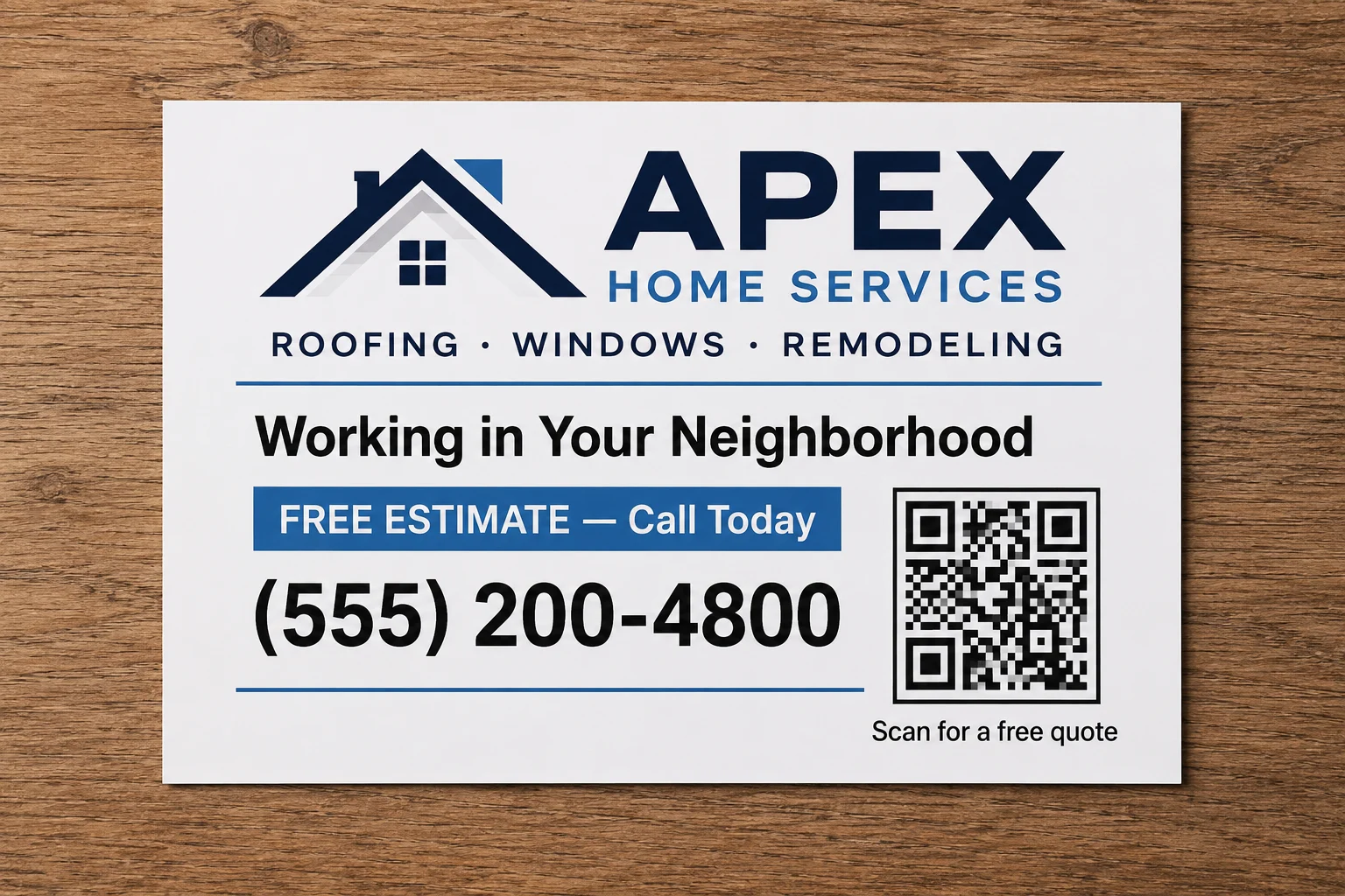 Example of a custom home improvement contractor sticky note with logo, phone number, QR code and free estimate offer