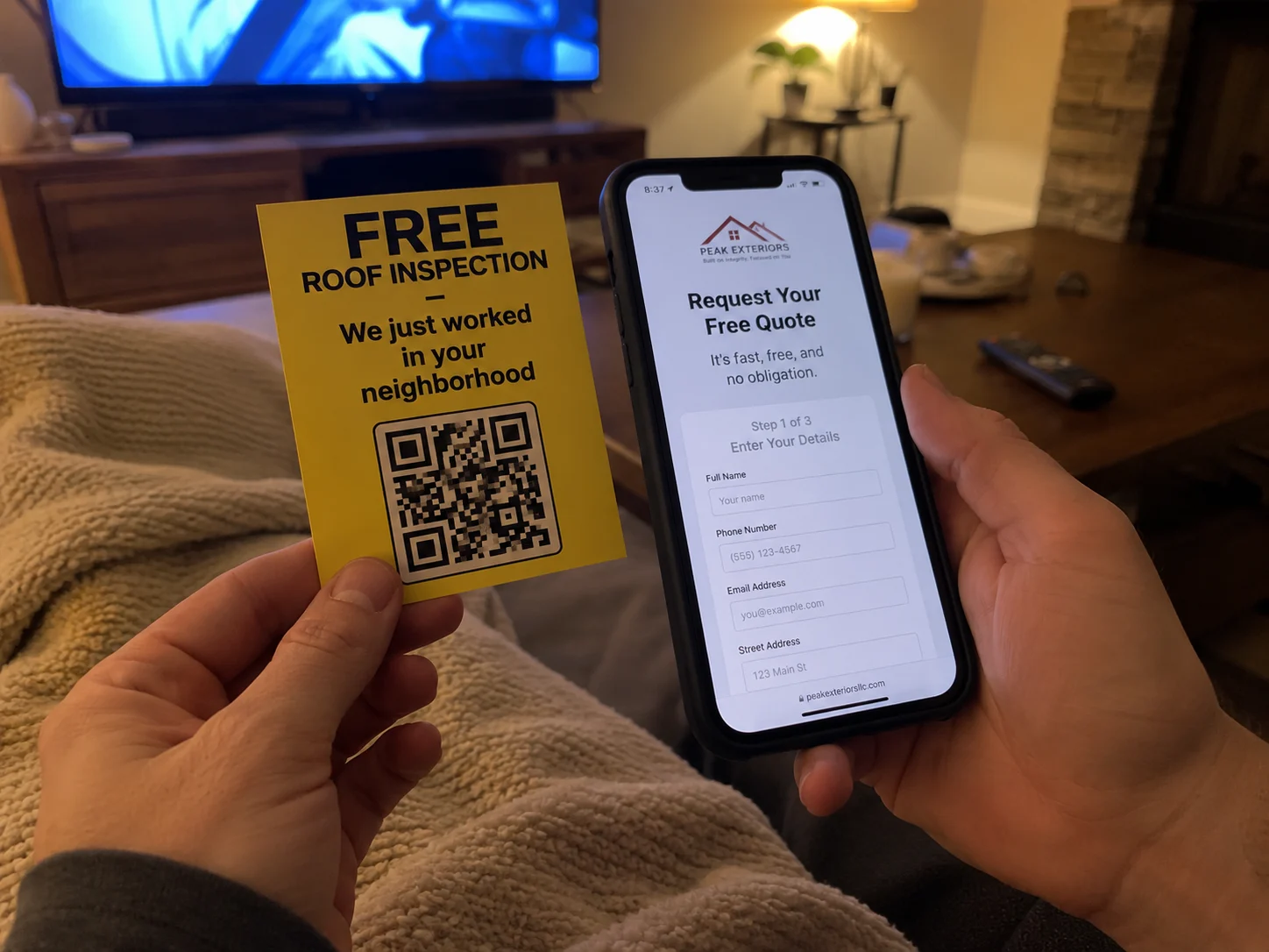 Homeowner scanning QR code on contractor sticky note flyer at night on couch to request a free roofing quote