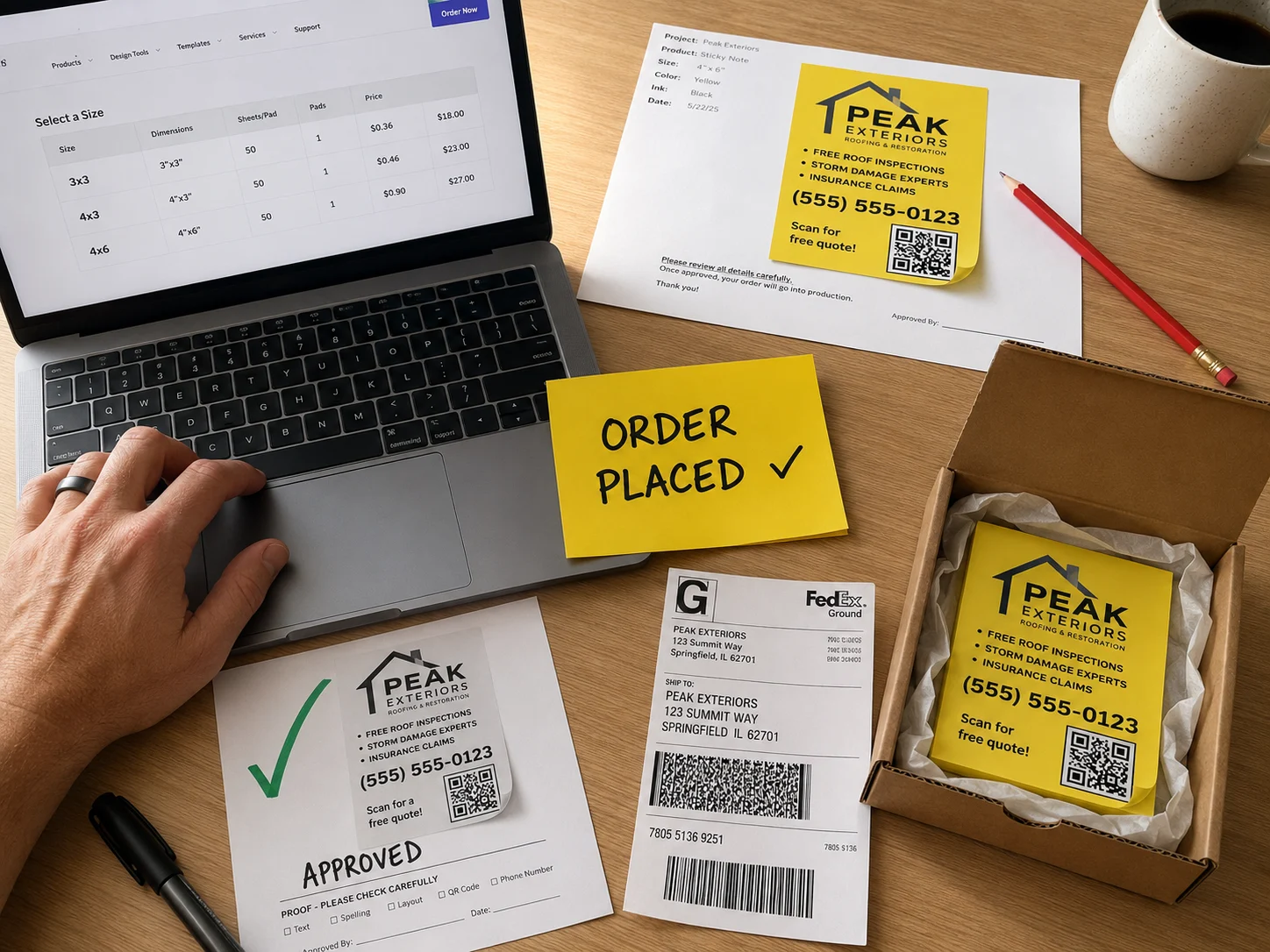 Contractor desk flat lay showing laptop with pricing page, design proof, approval sheet and FedEx shipping box for ordering custom sticky note advertising